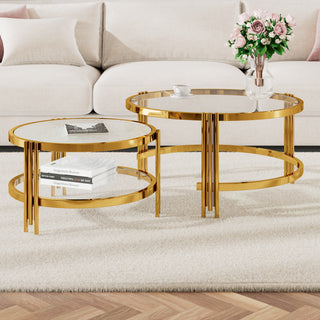 Modern 2 - Piece Gold Finish with Textured Glass Coffee Table Set, Nesting Coffee Table with Tempered Glass for Living Room, 32.75'