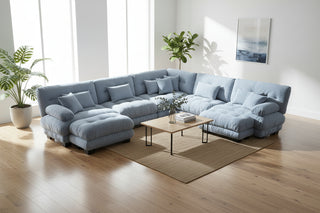 Luxury Oversized Blue Chenille Modular U-Shaped Cloud Couch with 2 Ottomans