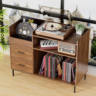 Record Player Stand with Adjustable Shelves – Holds 350+ Vinyl Records – 27.6" Turntable Media Console, Speaker Shelf & 2 Drawers for Living Room Storage