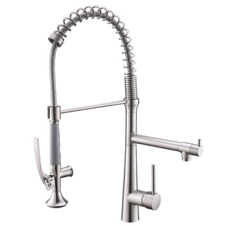 Heavy-Duty Commercial Kitchen Faucet | High-Arc Pre-Rinse Spring Sprayer in Brushed Nickel