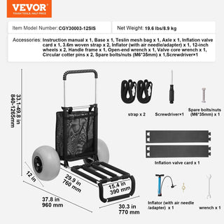 Beach Dolly with Big Balloon Wheels for Sand, Folding Heavy Duty Cart, 165 LBS Capacity, Adjustable Handle & Large Cargo Deck
