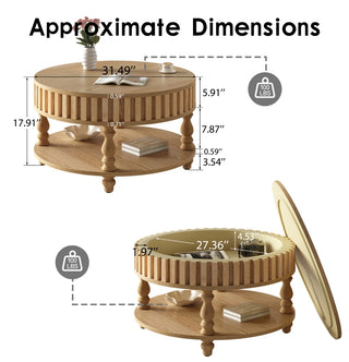 Natural Wood Mid-Century Modern Fluted Coffee Table with Storage &amp; Flip-Top Lid