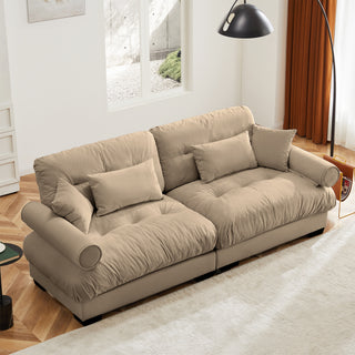 Modern Camel Velvet 2-Seater Sofa with Bolster Arms and Pillows