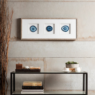 Genuine blue agate stone framed wall art double matted under glass in a metallic grey frame