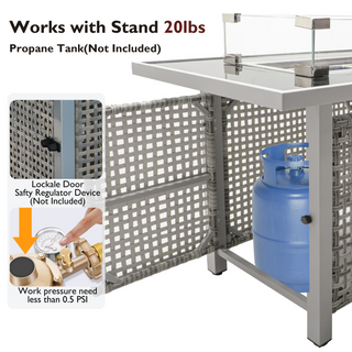 K&K 43" Rectangular Propane Fire Pit Table | 60,000 BTU Wicker Fire Table with Glass Wind Guard - Grey