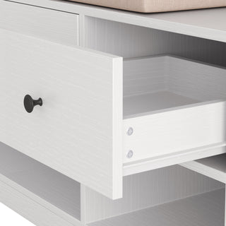 Multi-purpose Hall Tree with Removable Linen Cushioned Bench, Coat Rack, Storage Shelves and DIY Pegboard, White Entryway Organizer for Hallways and Living Room