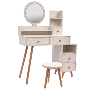 CRAZY ELF Stylish Vanity Table with Cushioned Stool - Touch Control LED Mirror, 5 Drawers, Adjustable Length (L31.5"-43.2" x W15.8" x H48.1") - Large Capacity Storage Makeup Furniture