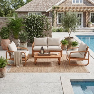 4-Piece Acacia Wood Outdoor Patio Furniture Set with Thick Cushions, Modern Outdoor Seating Set with Loveseat, 2 Single Chairs and Coffee Table, Weather-Resistant Conversation Set for Backyard, Pool