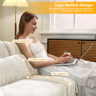 Three-Seater Sofa with 2 Movable Ottomans & Lumbar Pillow – Beige Chenille Fabric, High-Resilience Sponge, Wooden Base, Elegant Armrests, Easy Assembly – Ideal for Living Rooms & Studies