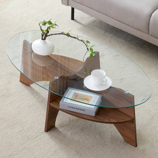 Oval Tempered Glass Coffee Table – 41.3” x 23.6” Walnut Wood Finish, Multi-Functional Table with Diagonal Fan-Shaped Tray Design