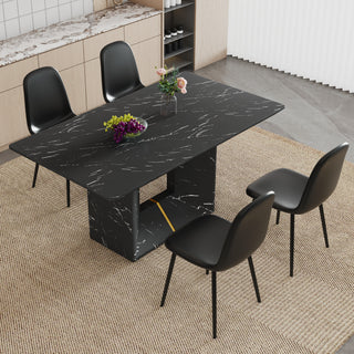5-Piece Dining Table Set – 63"x35.4" Black Marble Pattern Table with 4 Mid-Century Modern Upholstered Black PU Chairs