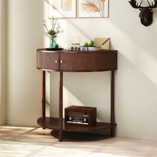 Artisan-Crafted Wave-Pattern Demi-Lune Console Table with Brown Woodgrain, Unique Half Moon Design End Table with 2 Storage Drawers and Bottom Shelf for Living room, Bedroom, Study, Hallway