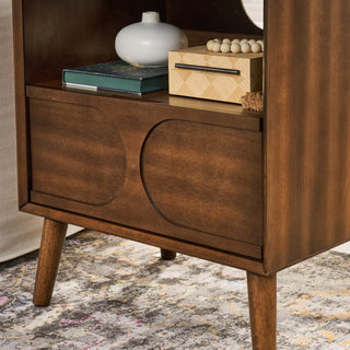 Mid-Century Modern Fluted Walnut Nightstand with USB Charging Station, Outlet Hole, Drawer & Open Shelf, Farmhouse End Table with Solid Wood Legs