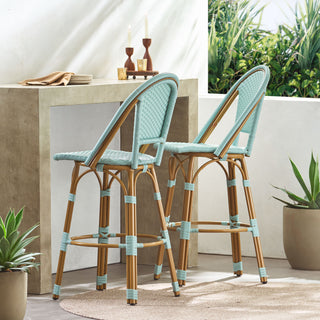 29.5' Outdoor PE Rattan and Aluminum French Barstools, Set of 2, Light Teal and Bamboo Finish