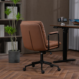 Mid Back Office Chair - Ergonomic PU Leather Desk Task Chair with Wheels, Armrests, and 40° Reclining Back (Brown)