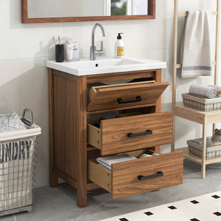 24'' Modern Bathroom Vanity with Ceramic Sink | Freestanding Cabinet with 3 Drawers (SW000108AAP)