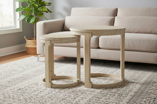 24" Oak Finish 2-Piece Curved Round Coffee Table Set - Mid-Century Rustic Nesting Tables