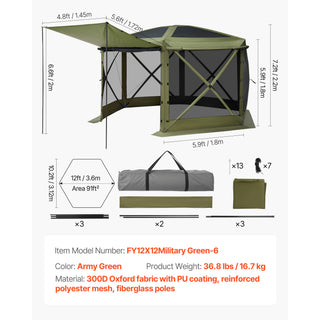 Pop up Gazebo Screen Tent, 12 x 12 ft Large 6-Sided Camping Canopy Tent with Removable Top & Carry Bag, Quick-Set & Bite-Proof, Screen House Sun Shelter for 8-10 Persons Backyard Patio, Green