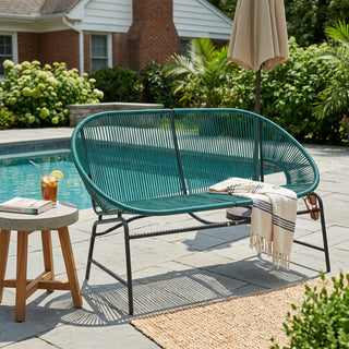 CONDESSA OUTDOOR PATIO WICKER LOVE SEAT, GREEN PE RATTAN & IRON FRAME, SET OF 1