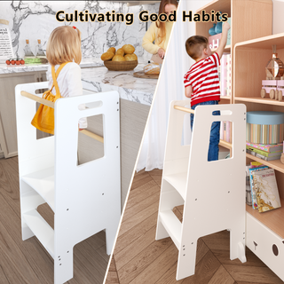 Kids Standing Tower, Child Kitchen Step Stool Toddler Wood Stepping Stool - Children's Montessori Stool - Adjustable Height, White MDF and Pine Wood, 17.52 x 16.73 x 36.02 inches