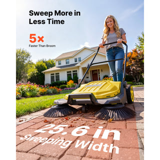 Walk-Behind Hand Push Floor Sweeper, Manual Floor Sweeper Non-Electric with 25.6' Sweeping Width, 5 Gallons Waste Container & Adjustable Folding Handle for Yards Walkways Patios Garages - Yellow