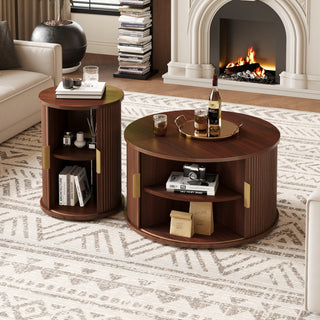 Walnut Mid-Century Nesting Coffee Table Set with Sliding Tambour Door - 2-Piece Fluted Storage Tables