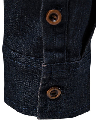 Men's casual solid color non-iron denim long-sleeved shirt - cotton