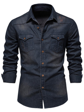 Men's casual solid color non-iron denim long-sleeved shirt - cotton