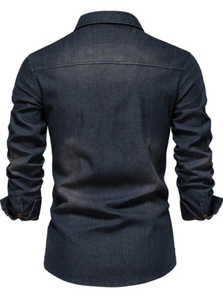 Men's casual solid color non-iron denim long-sleeved shirt - cotton