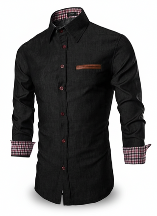 Men's Casual Shirt Pocket Patchwork Leather Long Sleeve Shirt