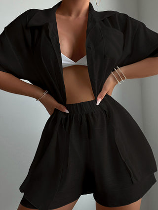 Beach vacation loose sun protection clothing swimsuit cover-up short-sleeved shirt set