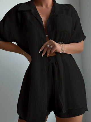 Beach vacation loose sun protection clothing swimsuit cover-up short-sleeved shirt set