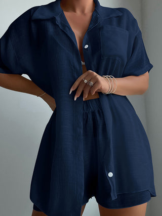 Beach vacation loose sun protection clothing swimsuit cover-up short-sleeved shirt set