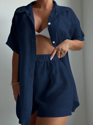 Beach vacation loose sun protection clothing swimsuit cover-up short-sleeved shirt set