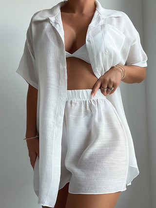 Beach vacation loose sun protection clothing swimsuit cover-up short-sleeved shirt set