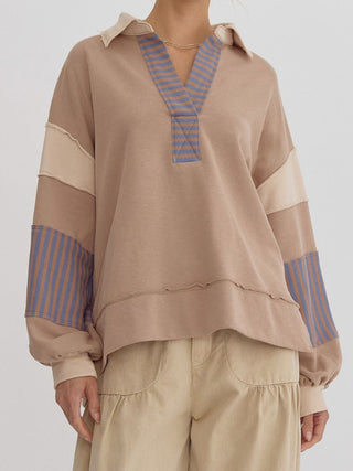 Women's Sweatshirt OversizedPolo Neck Striped Colorblocking Top
