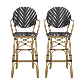 Outdoor Wicker and Aluminum 29.5' French Barstools, Set of 2, Black, Bamboo Print Finish