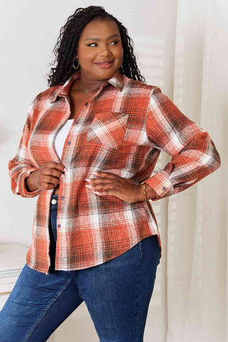 Double Take Plaid Collared Neck Long Sleeve Shirt for Women