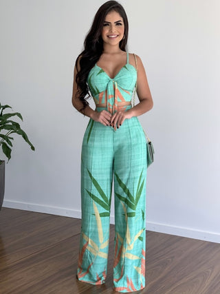 Women's V-neck Top and high-waist Wide-leg Pants Set