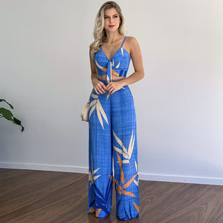 Women's V-neck Top and high-waist Wide-leg Pants Set