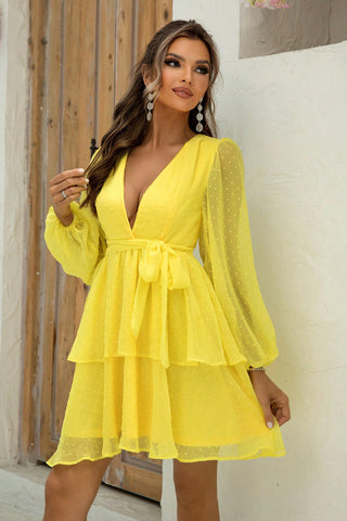 Tie Waist Balloon Sleeve Layered Dress for Women