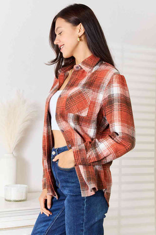 Double Take Plaid Collared Neck Long Sleeve Shirt for Women