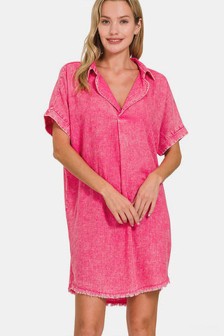 Zenana Washed Linen V-Neck Raw Hem Dress for Women FUCHSIA / M