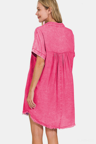 Zenana Washed Linen V-Neck Raw Hem Dress for Women FUCHSIA / M