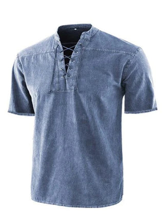 Men's Woven Retro Lace Up Collar Casual Short Sleeve Shirt