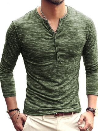 New fashion Open Placket Slub Silk Men's Long-sSleeved T-shirt