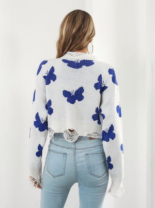 Women's Ripped Butterfly Jacquard Short Sweater