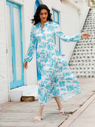 Women's Printed Long Sleeve Ruffled Maxi Dress