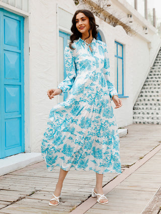 Women's Printed Long Sleeve Ruffled Maxi Dress