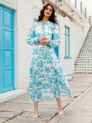 Women's Printed Long Sleeve Ruffled Maxi Dress